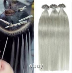Extensions de cheveux humains 100 % Remy, micro perles à pointe plate en kératine, cheveux gris invisibles.