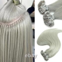 Extensions de cheveux humains 100 % Remy, micro perles à pointe plate en kératine, cheveux gris invisibles.