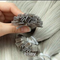 Extensions de cheveux humains 100 % Remy, micro perles à pointe plate en kératine, cheveux gris invisibles.