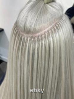 Extensions de cheveux humains 100 % Remy, micro perles à pointe plate en kératine, cheveux gris invisibles.