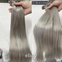 Extensions de cheveux humains 100 % Remy, micro perles à pointe plate en kératine, cheveux gris invisibles.