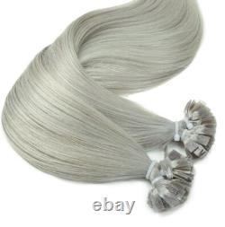 Extensions de cheveux humains 100 % Remy, micro perles à pointe plate en kératine, cheveux gris invisibles.