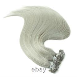 Extensions de cheveux humains 100 % Remy, micro perles à pointe plate en kératine, cheveux gris invisibles.